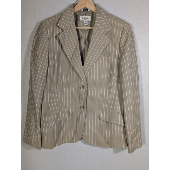 Talbots Size 8 Italian Rayon Linen Blend Blazer Jacket Tan White Stripe Lined 96 - Picture 1 of 7